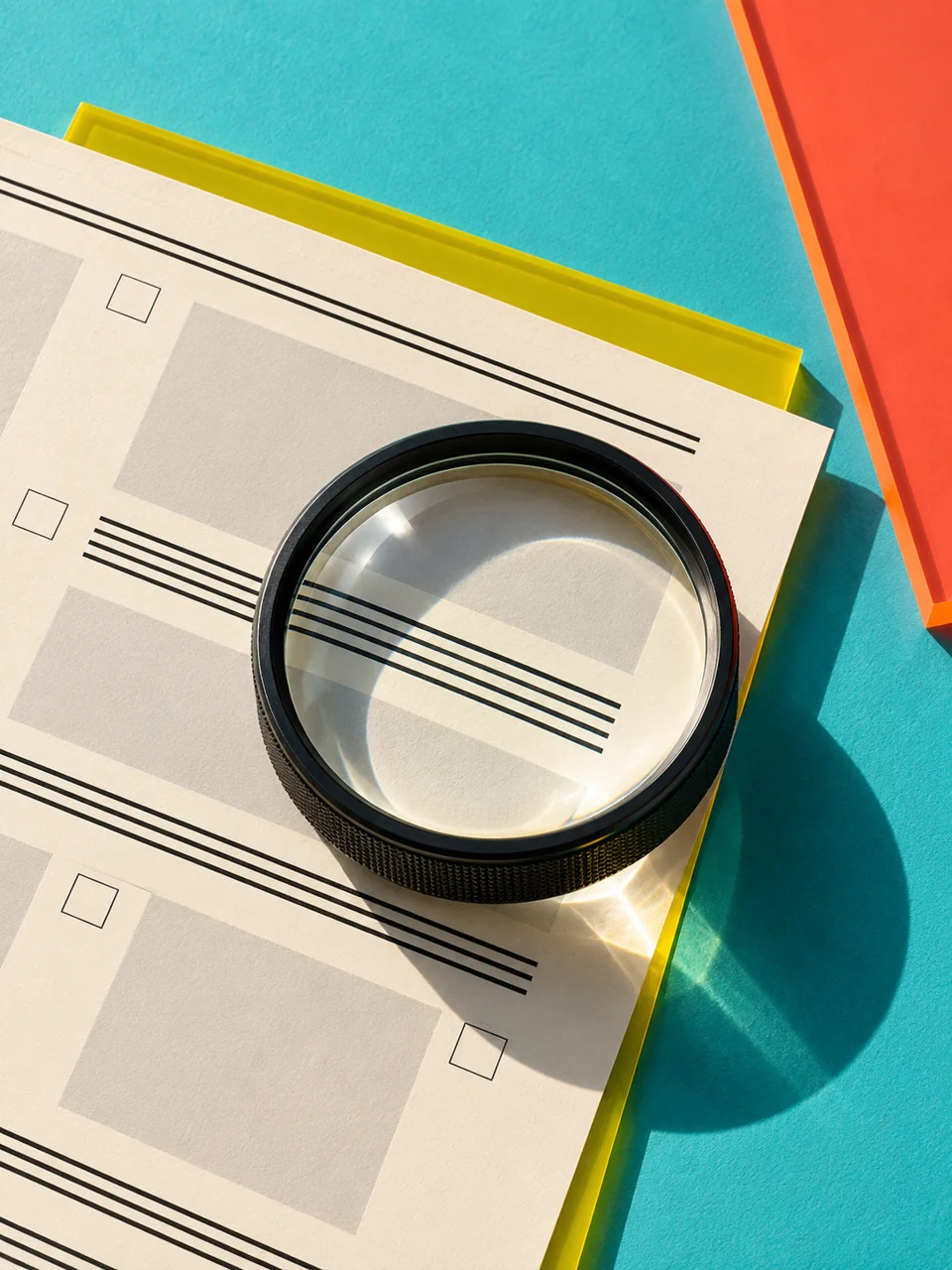 Eine optische Lupe vergrößert die Linien eines Website-Entwurfs auf farbigem Papier.